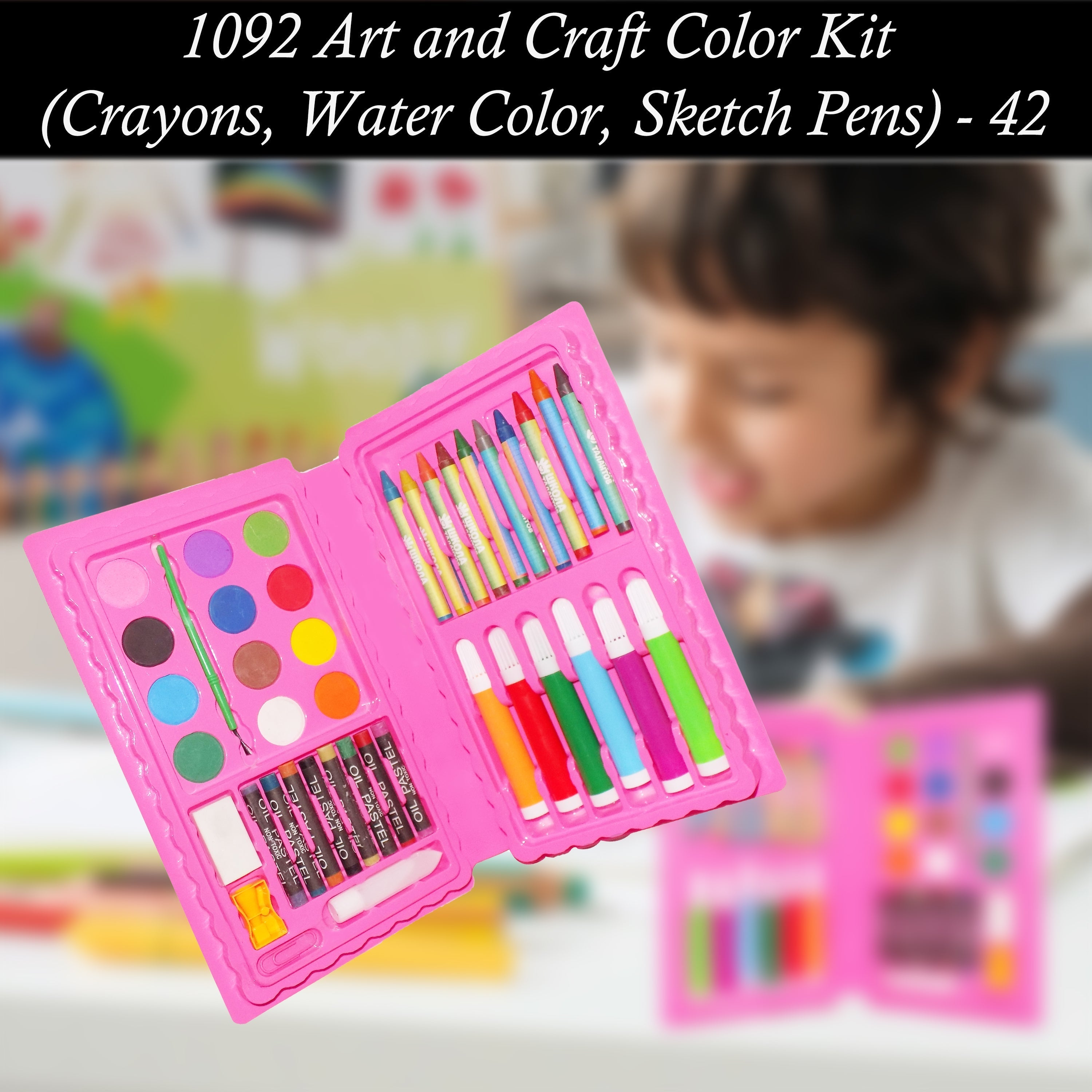 Art and craft kit with a variety of drawing and coloring tools. Art and craft kit with a variety of drawing and coloring tools.